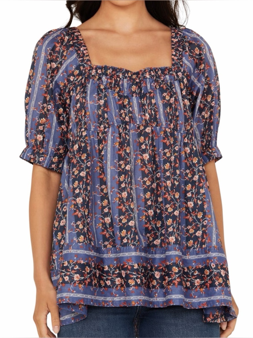 Free People Navy Blue Floral Print Short Puff Sleeve Blouse Womans XS